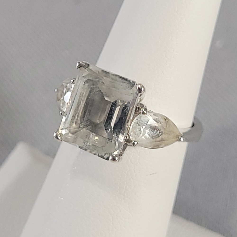 PJM Thailand White Topaz Ring Women 5.75 Silver Emerald Cut Three Stone 925